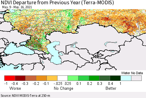 Russian Federation NDVI Departure from Previous Year (Terra-MODIS) Thematic Map For 5/9/2021 - 5/16/2021