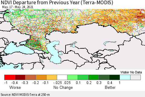 Russian Federation NDVI Departure from Previous Year (Terra-MODIS) Thematic Map For 5/17/2021 - 5/24/2021