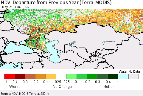 Russian Federation NDVI Departure from Previous Year (Terra-MODIS) Thematic Map For 5/25/2021 - 6/1/2021