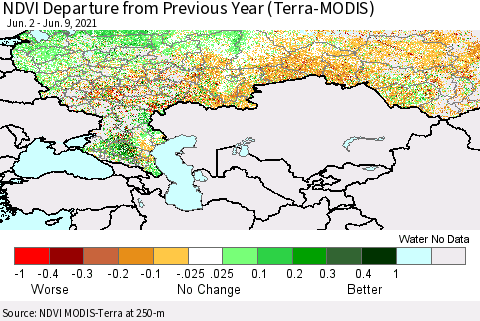 Russian Federation NDVI Departure from Previous Year (Terra-MODIS) Thematic Map For 6/2/2021 - 6/9/2021