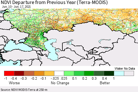Russian Federation NDVI Departure from Previous Year (Terra-MODIS) Thematic Map For 6/10/2021 - 6/17/2021