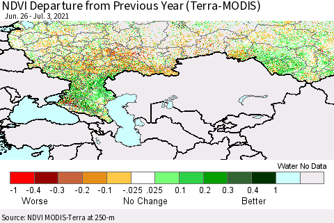 Russian Federation NDVI Departure from Previous Year (Terra-MODIS) Thematic Map For 6/26/2021 - 7/3/2021