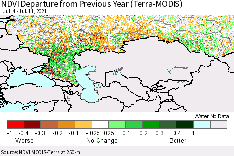 Russian Federation NDVI Departure from Previous Year (Terra-MODIS) Thematic Map For 7/4/2021 - 7/11/2021
