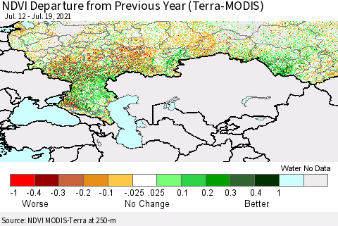 Russian Federation NDVI Departure from Previous Year (Terra-MODIS) Thematic Map For 7/12/2021 - 7/19/2021
