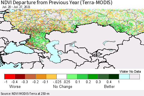 Russian Federation NDVI Departure from Previous Year (Terra-MODIS) Thematic Map For 7/20/2021 - 7/27/2021