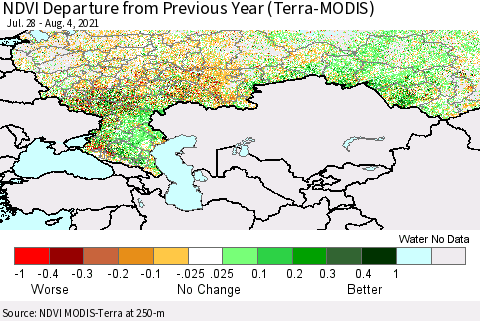 Russian Federation NDVI Departure from Previous Year (Terra-MODIS) Thematic Map For 7/28/2021 - 8/4/2021