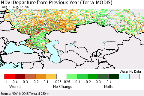 Russian Federation NDVI Departure from Previous Year (Terra-MODIS) Thematic Map For 8/5/2021 - 8/12/2021