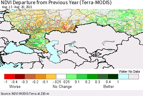 Russian Federation NDVI Departure from Previous Year (Terra-MODIS) Thematic Map For 8/13/2021 - 8/20/2021