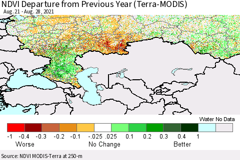 Russian Federation NDVI Departure from Previous Year (Terra-MODIS) Thematic Map For 8/21/2021 - 8/28/2021
