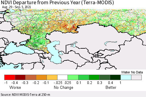 Russian Federation NDVI Departure from Previous Year (Terra-MODIS) Thematic Map For 8/29/2021 - 9/5/2021