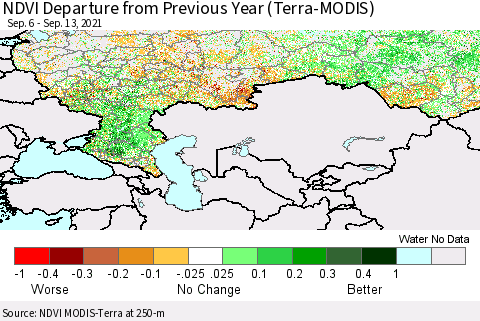 Russian Federation NDVI Departure from Previous Year (Terra-MODIS) Thematic Map For 9/6/2021 - 9/13/2021