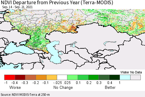 Russian Federation NDVI Departure from Previous Year (Terra-MODIS) Thematic Map For 9/14/2021 - 9/21/2021