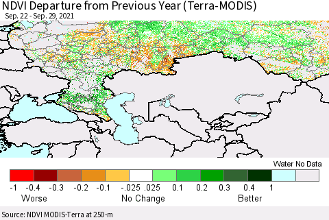Russian Federation NDVI Departure from Previous Year (Terra-MODIS) Thematic Map For 9/22/2021 - 9/29/2021