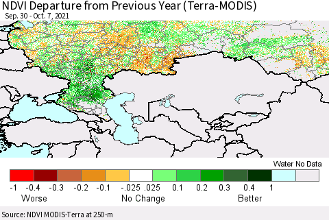 Russian Federation NDVI Departure from Previous Year (Terra-MODIS) Thematic Map For 9/30/2021 - 10/7/2021