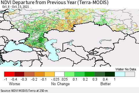 Russian Federation NDVI Departure from Previous Year (Terra-MODIS) Thematic Map For 10/8/2021 - 10/15/2021