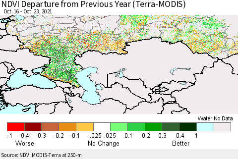 Russian Federation NDVI Departure from Previous Year (Terra-MODIS) Thematic Map For 10/16/2021 - 10/23/2021