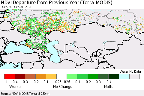 Russian Federation NDVI Departure from Previous Year (Terra-MODIS) Thematic Map For 10/24/2021 - 10/31/2021