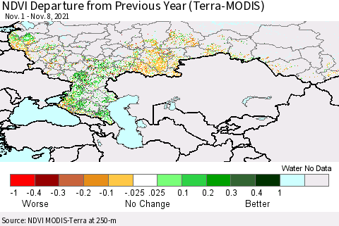 Russian Federation NDVI Departure from Previous Year (Terra-MODIS) Thematic Map For 11/1/2021 - 11/8/2021