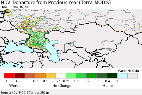 Russian Federation NDVI Departure from Previous Year (Terra-MODIS) Thematic Map For 11/9/2021 - 11/16/2021