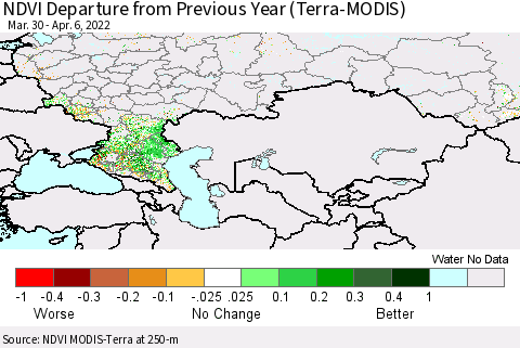 Russian Federation NDVI Departure from Previous Year (Terra-MODIS) Thematic Map For 3/30/2022 - 4/6/2022