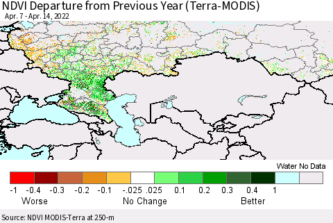 Russian Federation NDVI Departure from Previous Year (Terra-MODIS) Thematic Map For 4/7/2022 - 4/14/2022
