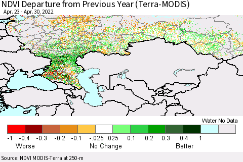 Russian Federation NDVI Departure from Previous Year (Terra-MODIS) Thematic Map For 4/23/2022 - 4/30/2022
