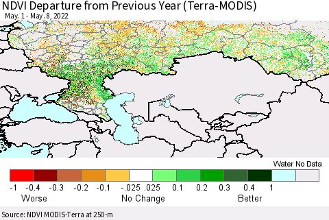Russian Federation NDVI Departure from Previous Year (Terra-MODIS) Thematic Map For 5/1/2022 - 5/8/2022