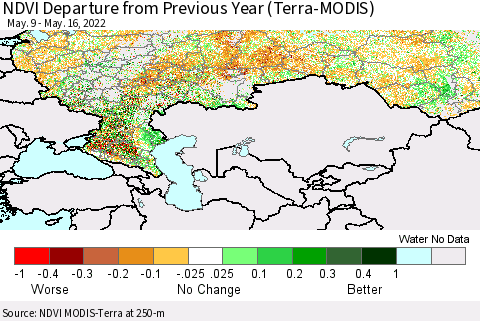 Russian Federation NDVI Departure from Previous Year (Terra-MODIS) Thematic Map For 5/9/2022 - 5/16/2022