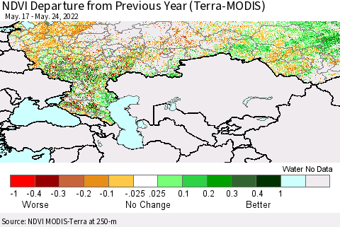 Russian Federation NDVI Departure from Previous Year (Terra-MODIS) Thematic Map For 5/17/2022 - 5/24/2022