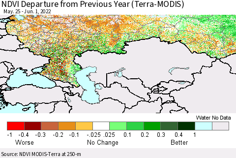 Russian Federation NDVI Departure from Previous Year (Terra-MODIS) Thematic Map For 5/25/2022 - 6/1/2022