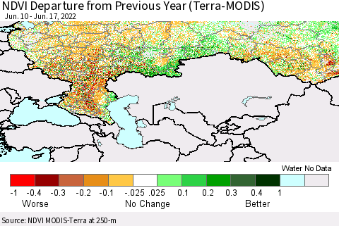 Russian Federation NDVI Departure from Previous Year (Terra-MODIS) Thematic Map For 6/10/2022 - 6/17/2022
