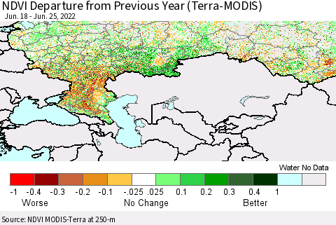 Russian Federation NDVI Departure from Previous Year (Terra-MODIS) Thematic Map For 6/18/2022 - 6/25/2022