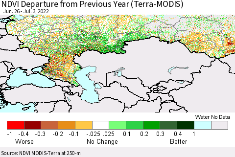Russian Federation NDVI Departure from Previous Year (Terra-MODIS) Thematic Map For 6/26/2022 - 7/3/2022