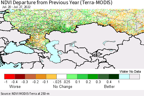Russian Federation NDVI Departure from Previous Year (Terra-MODIS) Thematic Map For 7/20/2022 - 7/27/2022