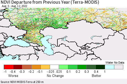 Russian Federation NDVI Departure from Previous Year (Terra-MODIS) Thematic Map For 8/5/2022 - 8/12/2022