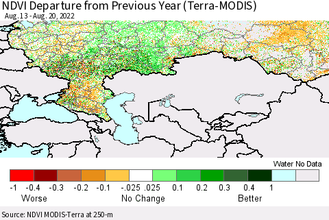 Russian Federation NDVI Departure from Previous Year (Terra-MODIS) Thematic Map For 8/13/2022 - 8/20/2022