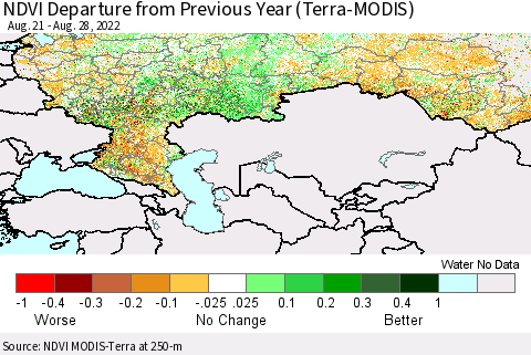Russian Federation NDVI Departure from Previous Year (Terra-MODIS) Thematic Map For 8/21/2022 - 8/28/2022