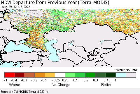 Russian Federation NDVI Departure from Previous Year (Terra-MODIS) Thematic Map For 8/29/2022 - 9/5/2022