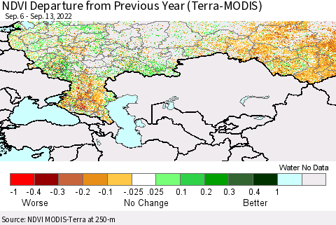Russian Federation NDVI Departure from Previous Year (Terra-MODIS) Thematic Map For 9/6/2022 - 9/13/2022