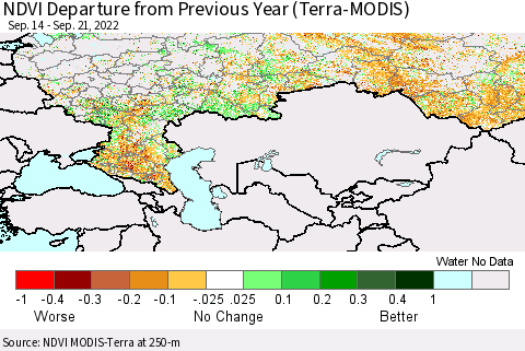 Russian Federation NDVI Departure from Previous Year (Terra-MODIS) Thematic Map For 9/14/2022 - 9/21/2022