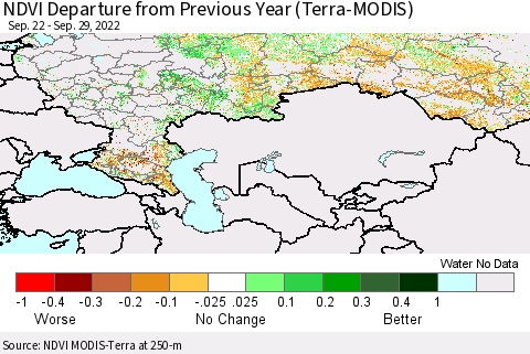 Russian Federation NDVI Departure from Previous Year (Terra-MODIS) Thematic Map For 9/22/2022 - 9/29/2022