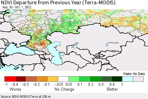 Russian Federation NDVI Departure from Previous Year (Terra-MODIS) Thematic Map For 9/30/2022 - 10/7/2022