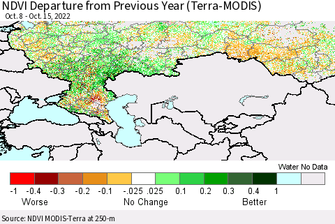 Russian Federation NDVI Departure from Previous Year (Terra-MODIS) Thematic Map For 10/8/2022 - 10/15/2022
