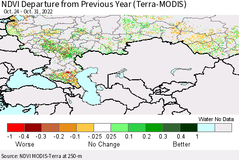 Russian Federation NDVI Departure from Previous Year (Terra-MODIS) Thematic Map For 10/24/2022 - 10/31/2022