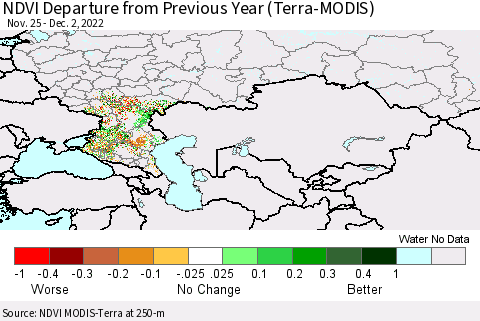 Russian Federation NDVI Departure from Previous Year (Terra-MODIS) Thematic Map For 11/25/2022 - 12/2/2022