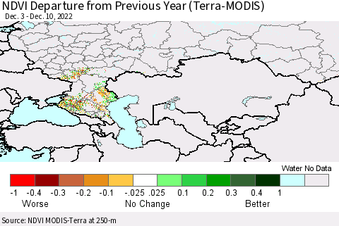 Russian Federation NDVI Departure from Previous Year (Terra-MODIS) Thematic Map For 12/3/2022 - 12/10/2022