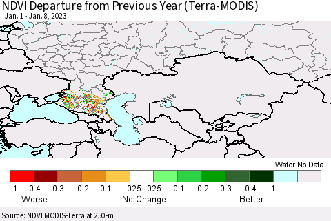 Russian Federation NDVI Departure from Previous Year (Terra-MODIS) Thematic Map For 1/1/2023 - 1/8/2023