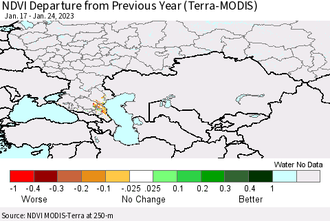 Russian Federation NDVI Departure from Previous Year (Terra-MODIS) Thematic Map For 1/17/2023 - 1/24/2023