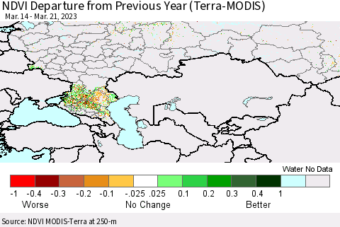 Russian Federation NDVI Departure from Previous Year (Terra-MODIS) Thematic Map For 3/14/2023 - 3/21/2023