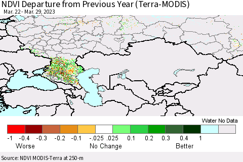 Russian Federation NDVI Departure from Previous Year (Terra-MODIS) Thematic Map For 3/22/2023 - 3/29/2023